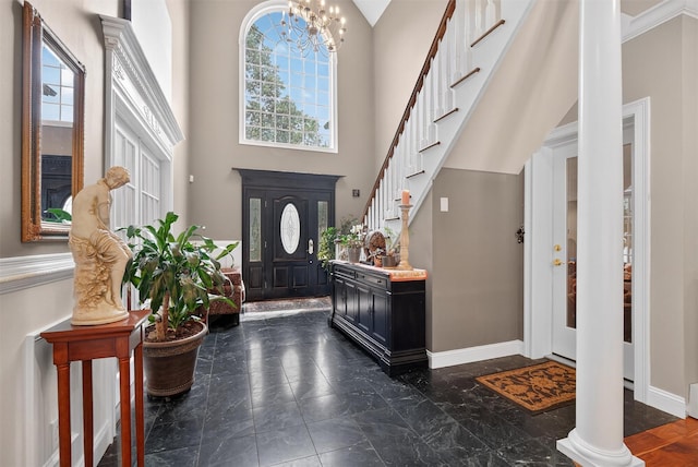 2300 State Route 207, Rock Tavern, NY 12575 - foyer with dark marble finish flooring, a chandelier, stairway, and a towering ceiling