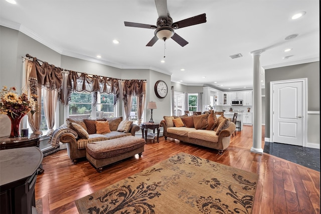 2300 State Route 207, Rock Tavern, NY 12575 - living area with decorative columns, ceiling fan, recessed lighting, hardwood / wood-style floors, and ornamental molding