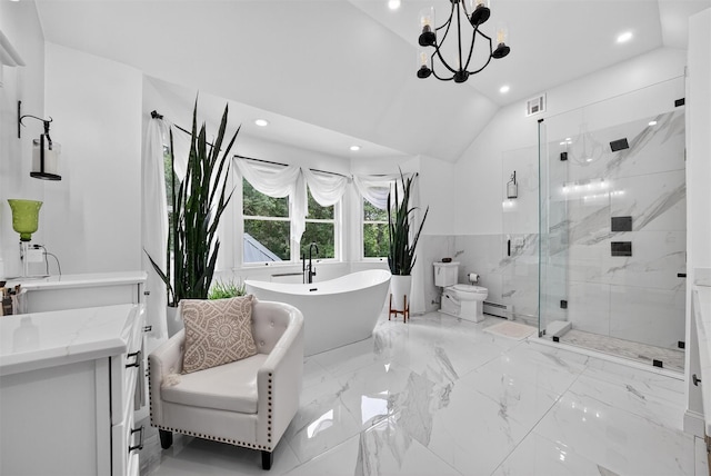 2300 State Route 207, Rock Tavern, NY 12575 - full bath featuring vaulted ceiling, a marble finish shower, recessed lighting, a freestanding bath, and a baseboard radiator