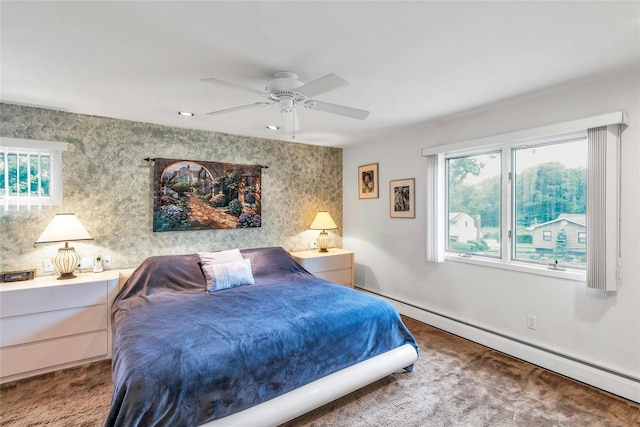 185 Harvard Dr, Plainview, NY 11803 - bedroom featuring a baseboard heating unit, carpet, multiple windows, recessed lighting, and ceiling fan