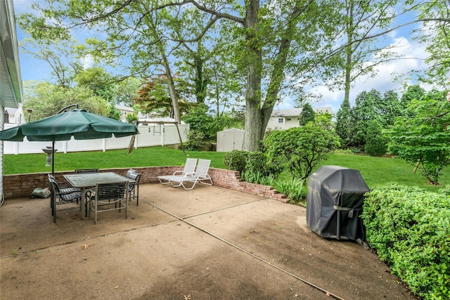 185 Harvard Dr, Plainview, NY 11803 - view of patio / terrace featuring a shed, grilling area, and outdoor dining area