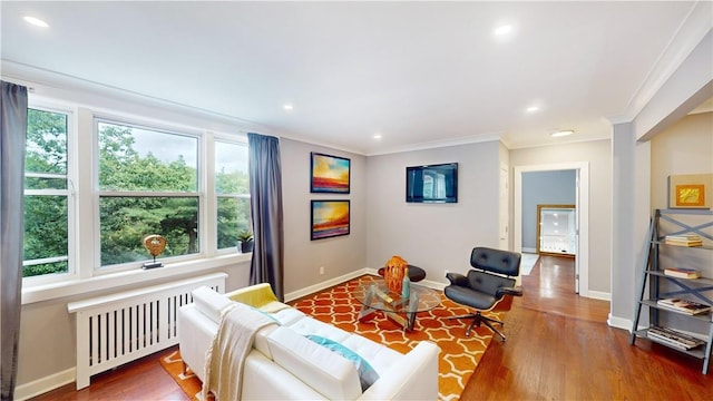 1133 Midland Ave Unit 4C, Bronxville, NY 10708 - living area featuring radiator heating unit, crown molding, wood finished floors, and recessed lighting