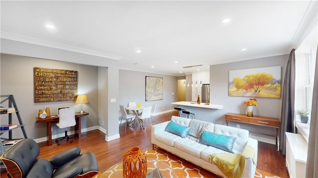 1133 Midland Ave Unit 4C, Bronxville, NY 10708 - living room with wood finished floors, ornamental molding, recessed lighting, and an office area