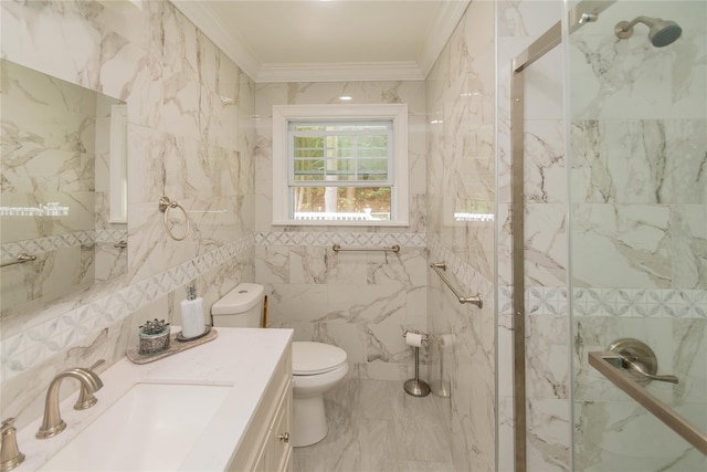 65 Berkshire Trl, Smallwood, NY 12720 - bathroom with tile walls, crown molding, a marble finish shower, and vanity