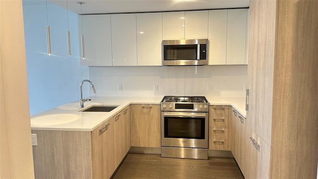 131-05 40th Rd Unit 11H, Flushing, NY 11354 - kitchen with appliances with stainless steel finishes, modern cabinets, light countertops, light brown cabinetry, and dark wood-style floors