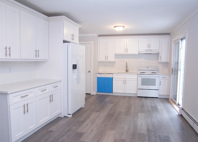 33 Roosevelt Ave, Selden, NY 11784 - kitchen featuring white appliances, under cabinet range hood, plenty of natural light, wood finished floors, and ornamental molding