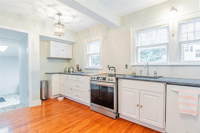 16 Beechwood Park, Poughkeepsie, NY 12601 - kitchen featuring stainless steel electric stove, dishwasher, light wood-style flooring, white cabinetry, and beamed ceiling