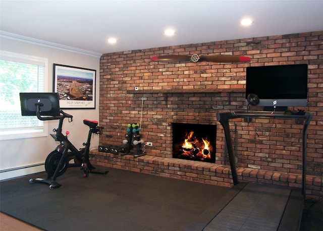 4 Bowman Ln, Commack, NY 11725 - workout room featuring crown molding, baseboard heating, recessed lighting, and a fireplace