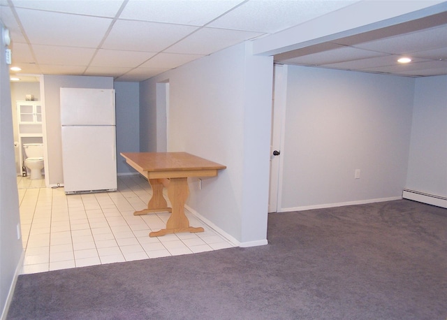 4 Bowman Ln, Commack, NY 11725 - finished below grade area with freestanding refrigerator, light colored carpet, recessed lighting, and a paneled ceiling