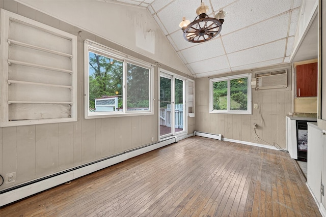 9 Mimosa St, Lake Peekskill, NY 10537 - unfurnished sunroom with baseboard heating, a chandelier, vaulted ceiling, and a wall mounted AC