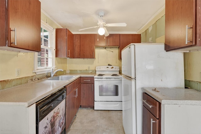 9 Mimosa St, Lake Peekskill, NY 10537 - kitchen with white appliances, ceiling fan, light countertops, and brown cabinetry
