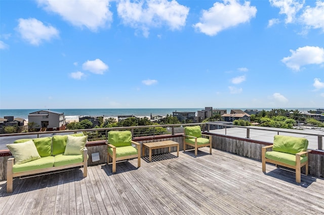 172 Pine Walk, Fire Island Pines, NY 11782 - wooden terrace featuring a water view and outdoor lounge area