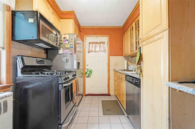 4911 168th St, Flushing, NY 11365 - kitchen featuring stainless steel appliances, light countertops, light tile patterned flooring, glass insert cabinets, and tasteful backsplash