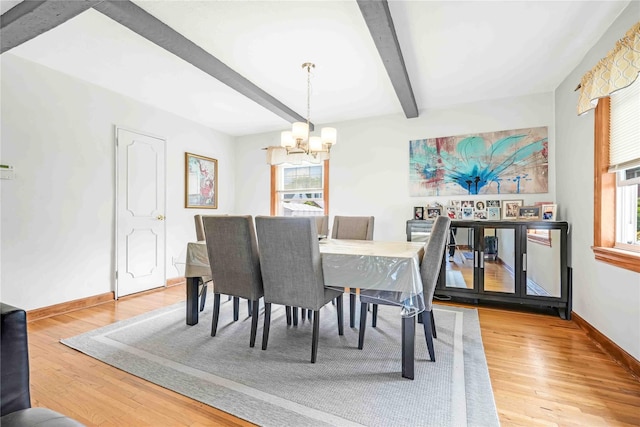 4911 168th St, Flushing, NY 11365 - dining area with a chandelier, healthy amount of natural light, beamed ceiling, and wood finished floors