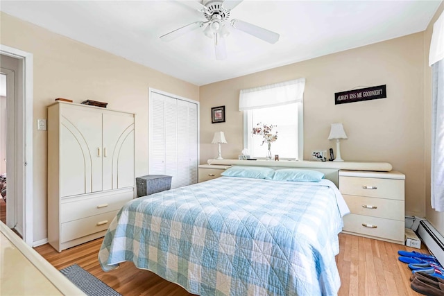 4911 168th St, Flushing, NY 11365 - bedroom featuring light wood-type flooring, a closet, baseboard heating, and a ceiling fan