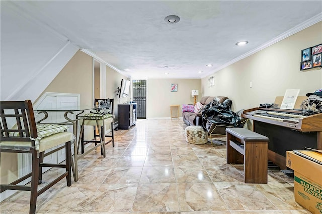 4911 168th St, Flushing, NY 11365 - office featuring crown molding, light marble finish floors, and recessed lighting
