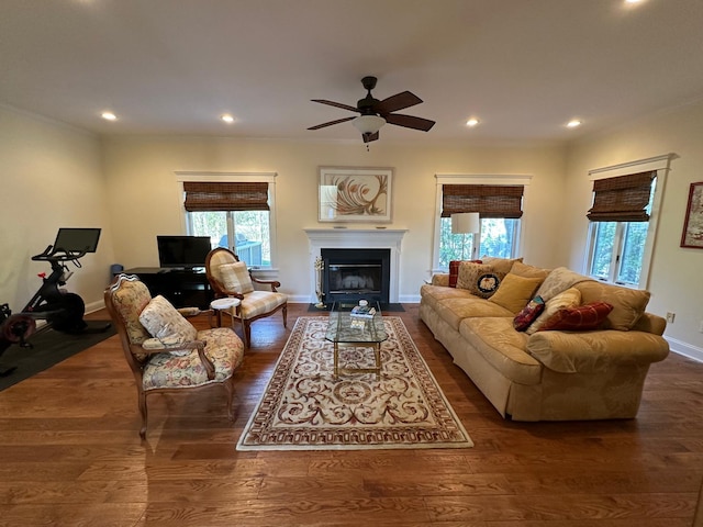 133 Woodbrook Rd, White Plains, NY 10605 - living area featuring ceiling fan, recessed lighting, wood finished floors, and a fireplace with flush hearth