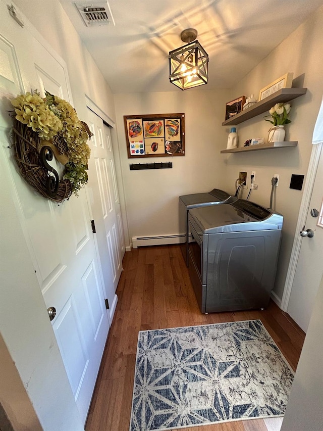 43 Southfield Rd, Baiting Hollow, NY 11933 - washroom featuring independent washer and dryer, wood finished floors, and baseboard heating
