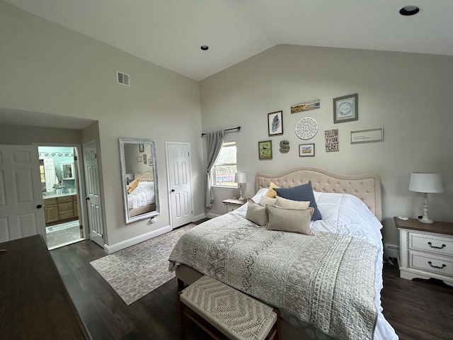 43 Southfield Rd, Baiting Hollow, NY 11933 - bedroom featuring wood finished floors, high vaulted ceiling, and ensuite bath