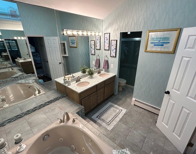 43 Southfield Rd, Baiting Hollow, NY 11933 - full bath featuring baseboard heating, double vanity, a tub with jets, and vaulted ceiling