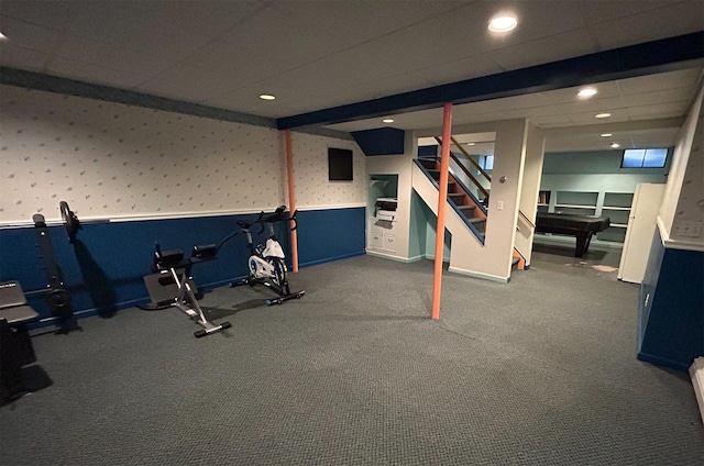 43 Southfield Rd, Baiting Hollow, NY 11933 - workout room featuring wallpapered walls, a paneled ceiling, recessed lighting, and a wainscoted wall