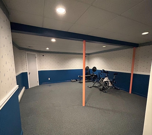 43 Southfield Rd, Baiting Hollow, NY 11933 - finished below grade area featuring wallpapered walls, wainscoting, recessed lighting, carpet flooring, and a paneled ceiling