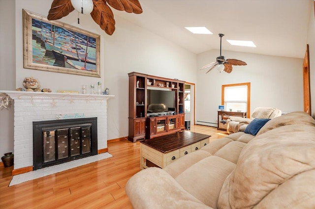 25 December Walk, Long Beach, NY 11561 - living room with ceiling fan, wood finished floors, a baseboard radiator, a fireplace, and high vaulted ceiling