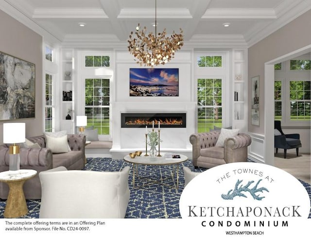 100 Rogers Ave, Westhampton Beach, NY 11978 - living room featuring crown molding, built in shelves, coffered ceiling, beamed ceiling, and a lit fireplace
