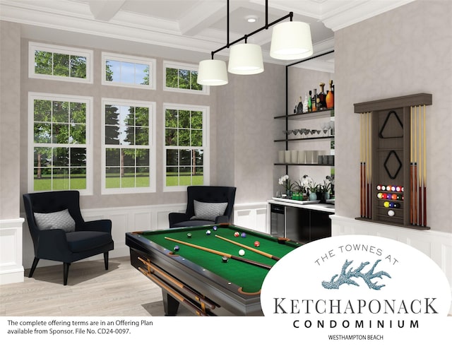 100 Rogers Ave, Westhampton Beach, NY 11978 - game room with ornamental molding, light wood-style flooring, a decorative wall, beamed ceiling, and coffered ceiling