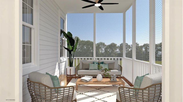 100 Rogers Ave, Westhampton Beach, NY 11978 - sunroom with an outdoor hangout area, a ceiling fan, and wood finished floors