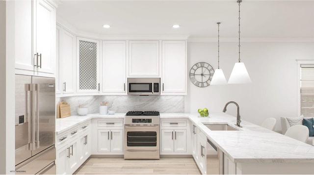 100 Rogers Ave, Westhampton Beach, NY 11978 - kitchen featuring appliances with stainless steel finishes, a peninsula, white cabinets, recessed lighting, and decorative backsplash