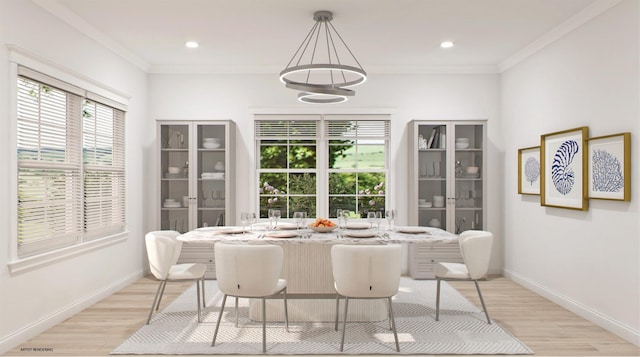 100 Rogers Ave, Westhampton Beach, NY 11978 - dining space featuring healthy amount of natural light, ornamental molding, light wood-type flooring, and recessed lighting