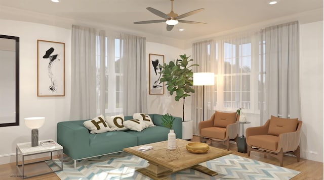 100 Rogers Ave, Westhampton Beach, NY 11978 - living room featuring a ceiling fan, wood finished floors, and recessed lighting