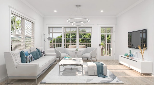 100 Rogers Ave, Westhampton Beach, NY 11978 - living area with healthy amount of natural light, light wood finished floors, ornamental molding, and recessed lighting