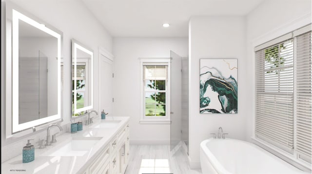 100 Rogers Ave, Westhampton Beach, NY 11978 - full bath with a soaking tub, healthy amount of natural light, double vanity, and recessed lighting