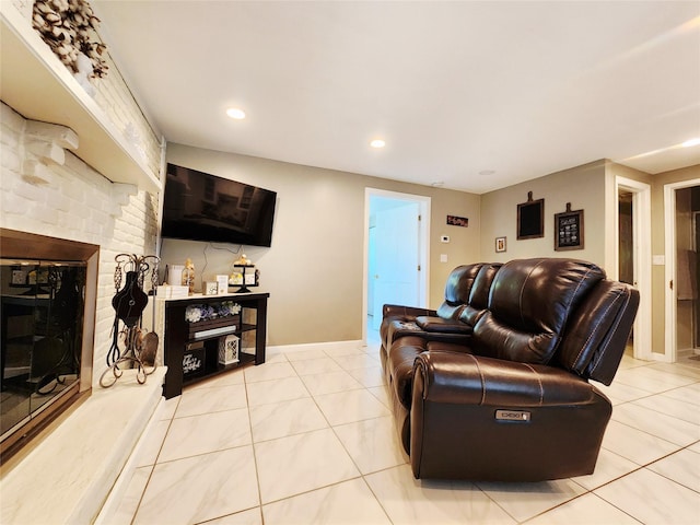 373 Commack Rd, Islip, NY 11751 - living area with a fireplace, recessed lighting, and light tile patterned floors