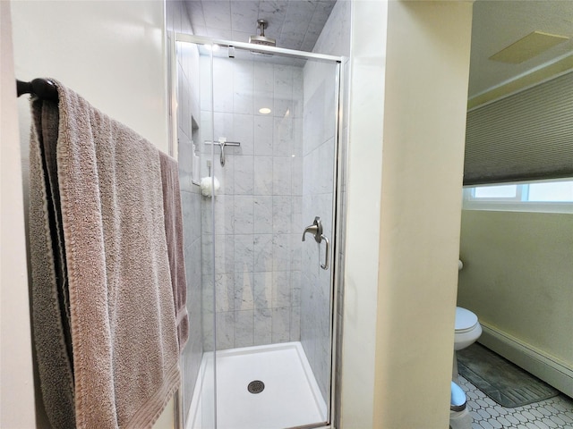 373 Commack Rd, Islip, NY 11751 - bathroom featuring baseboard heating, a stall shower, and tile patterned flooring