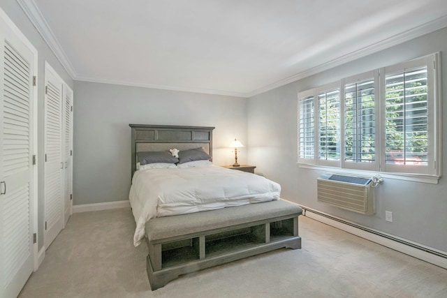 13 Scenic Dr Unit D, Croton-On-Hudson, NY 10520 - bedroom with a baseboard radiator, light carpet, crown molding, and a wall unit AC