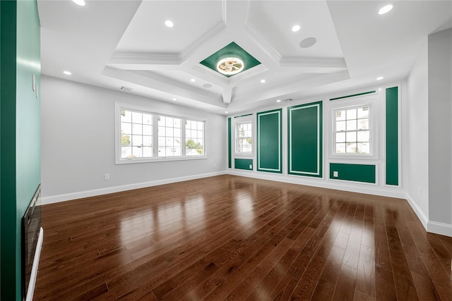 71 Cedar St, Hicksville, NY 11801 - unfurnished room featuring coffered ceiling, hardwood / wood-style floors, beam ceiling, crown molding, and recessed lighting