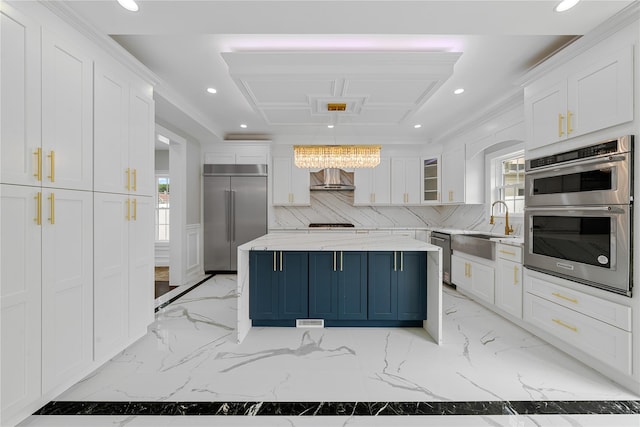 71 Cedar St, Hicksville, NY 11801 - kitchen with stainless steel appliances, light marble finish flooring, white cabinetry, recessed lighting, and crown molding