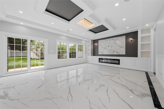 71 Cedar St, Hicksville, NY 11801 - cinema room featuring recessed lighting, a decorative wall, marble tiled floors, a wainscoted wall, and a premium fireplace