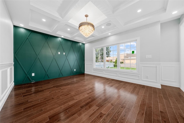 71 Cedar St, Hicksville, NY 11801 - empty room with a decorative wall, a chandelier, dark wood-style flooring, beam ceiling, and coffered ceiling