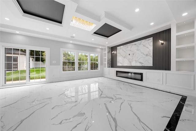 71 Cedar St, Hicksville, NY 11801 - unfurnished living room with marble tiled floors, recessed lighting, ornamental molding, coffered ceiling, and a high end fireplace
