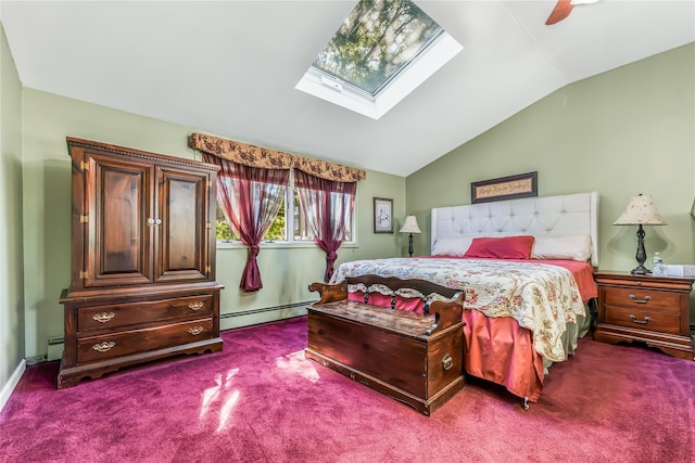 99 Stone Ln, Levittown, NY 11756 - carpeted bedroom featuring baseboard heating, lofted ceiling, a skylight, and ceiling fan