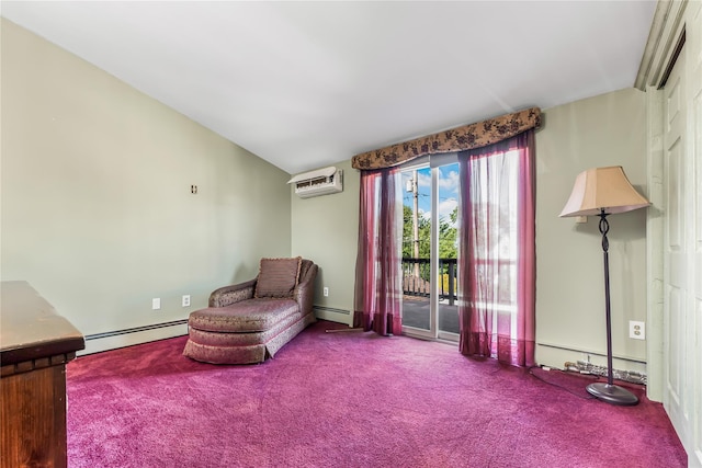 99 Stone Ln, Levittown, NY 11756 - living area with a baseboard radiator, an AC wall unit, carpet, and a baseboard heating unit
