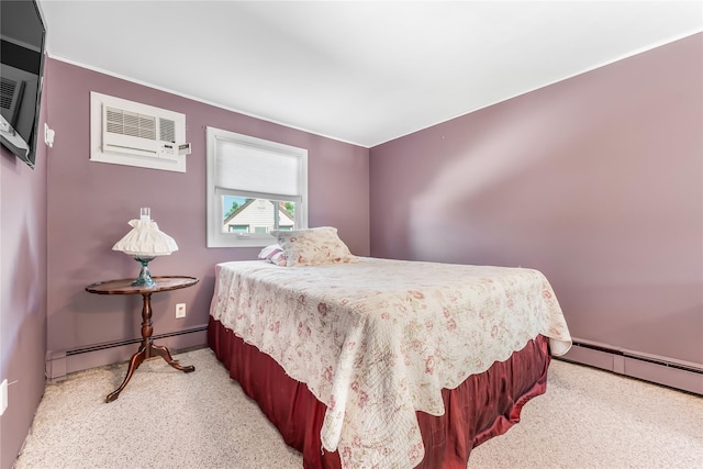 99 Stone Ln, Levittown, NY 11756 - bedroom with a baseboard heating unit, a wall unit AC, and crown molding