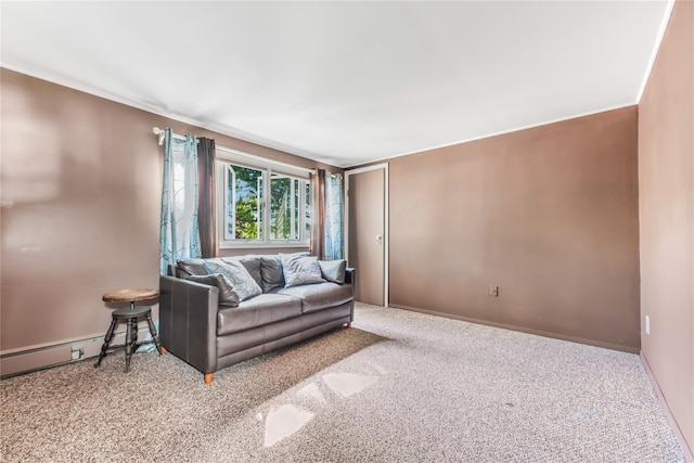 99 Stone Ln, Levittown, NY 11756 - carpeted living area with a baseboard radiator and baseboards