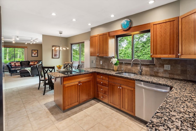 35 David Rd, Somers, NY 10589 - kitchen featuring stainless steel dishwasher, black electric cooktop, dark stone countertops, a peninsula, and recessed lighting