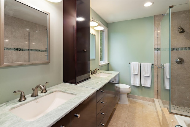 35 David Rd, Somers, NY 10589 - bathroom with a tile shower, tile patterned floors, double vanity, and recessed lighting