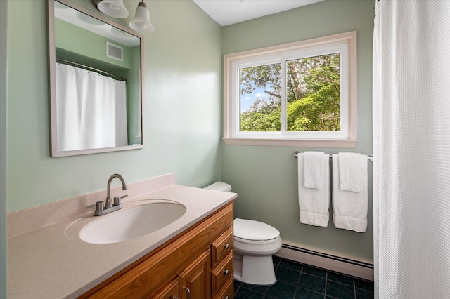 35 David Rd, Somers, NY 10589 - bathroom with baseboard heating, vanity, tile patterned flooring, and a shower with curtain